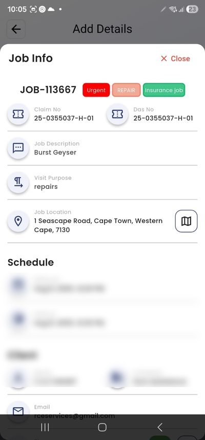 PlanMyCrew job card showing insurance claim number, DAS number and job location for a Cape Town plumbing repair