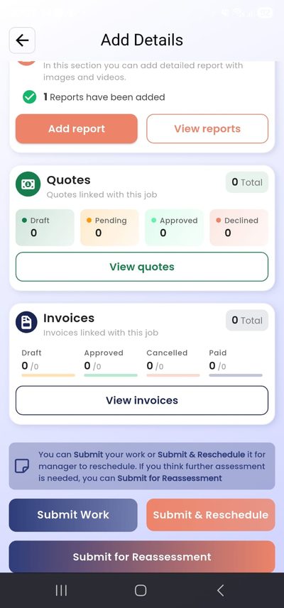 PlanMyCrew job completion screen showing submit work, submit and reschedule, and submit for reassessment options for SA field contractors