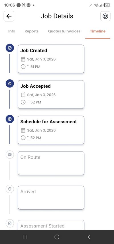 PlanMyCrew job timeline showing timestamped status progression from job created to completed