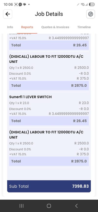 PlanMyCrew CRM showing quotes and invoices linked to a customer job with status tracking from draft to paid