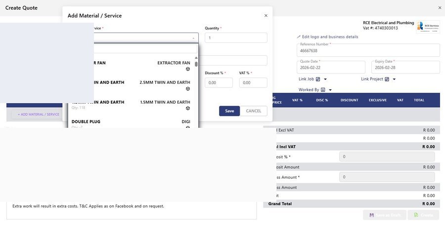 PlanMyCrew quote creation screen showing material and service picker with inventory items, VAT and profit calculation
